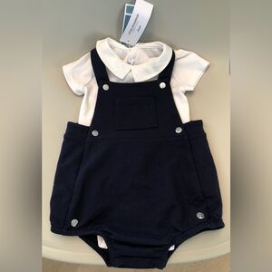 NWT! Jacadi Paris two piece white collared bodysuit & navy blue overall loungers